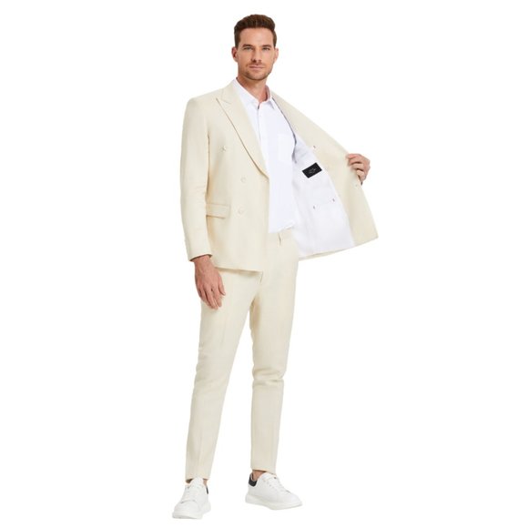 Linen Double Breasted 2pc Mens Suit, Tan - Picture 3 of 5